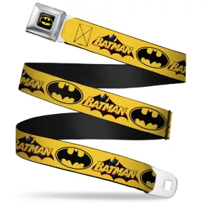 Batman Full Color Black Yellow Seatbelt Belt - Vintage Batman Logo & Bat Signal-3 Yellow Webbing by Buckle-Down