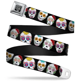 BD Wings Logo CLOSE-UP Full Color Black Silver Seatbelt Belt - Staggered Sugar Skulls CLOSE-UP Black/Multi Color Webbing by Buckle-Down