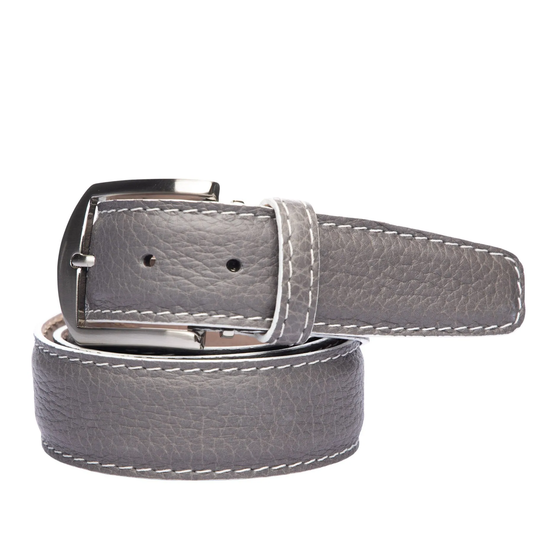 Gray French Pebble Grain Leather Belt with White Edge and Border Stitching