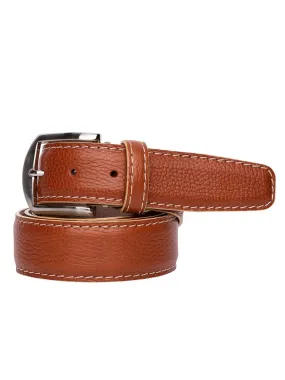 LEN Belts French Pebble Grain Belt in Cognac with Beige Edge & Border Stitch